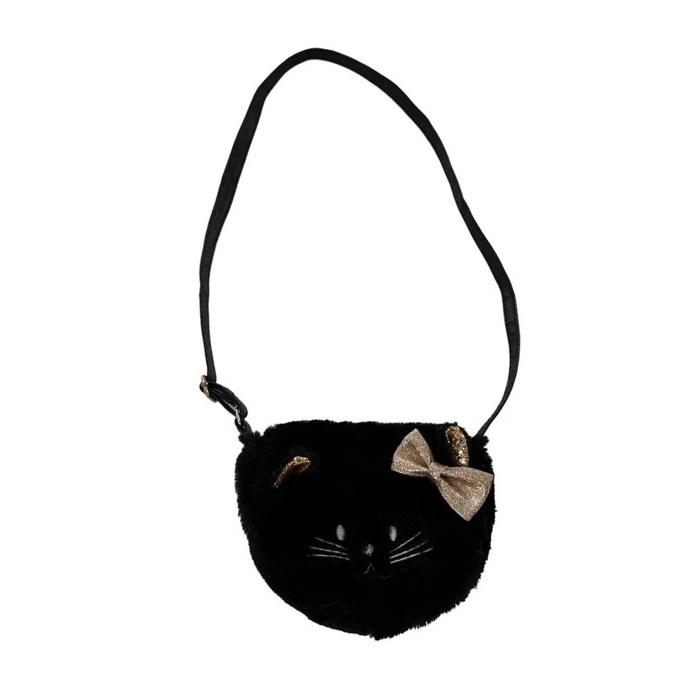 Vtg Retro Claires Club Furry Black Cat Crossbody‎ Purse Bag Kitty Sequin